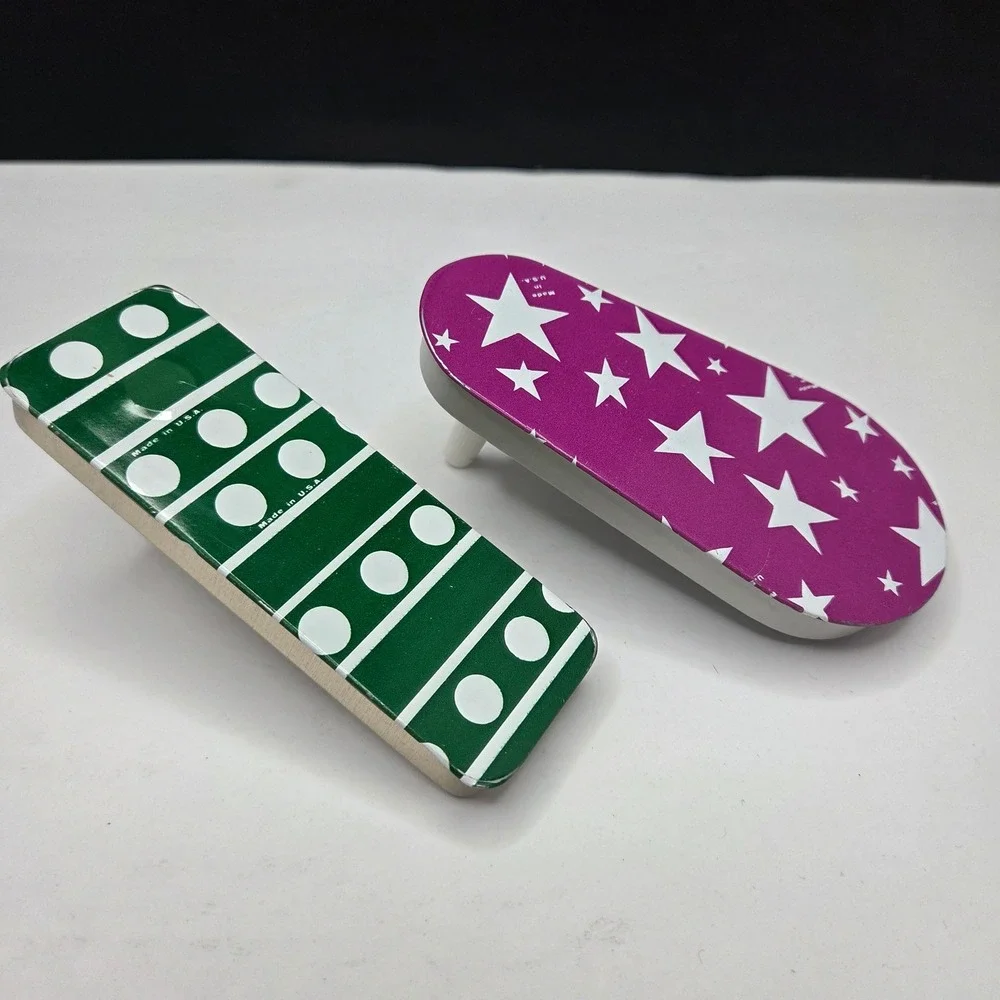 Vintage Metal Noisemaker Set Made in USA Stars Polka Dots Green Purple Retro Toy
